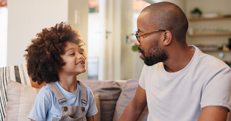 Father, boy and couch in home, conversation or relax in living room for advice and bonding. Communication, support or love in lounge with dad person, chat or care from single parent for child on sofa