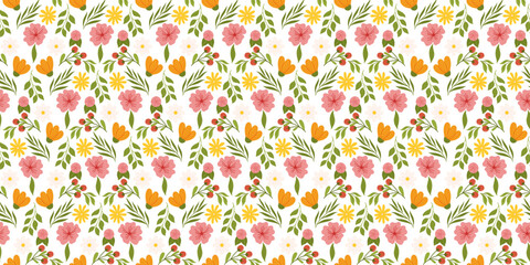 Continuous pattern showcasing floral elements. Botanical-inspired repetitive fabric or wallpaper design with yellow and orange flowers, red berries, leaves, and cherry blossom.