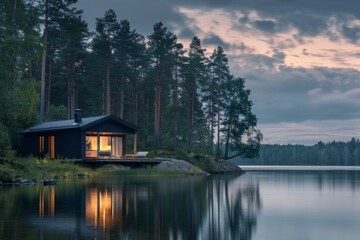 Fototapeta premium Cozy Cabin by the Lake at Sunset.