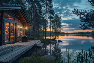 Fototapeta premium Cozy Cabin by the Lake at Sunset.