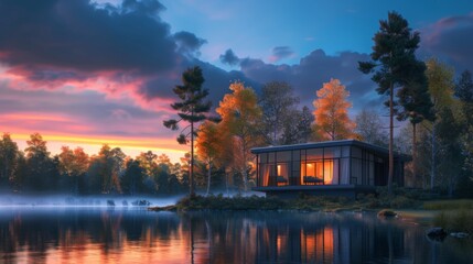 Obraz premium Modern cabin on a lake at sunset.