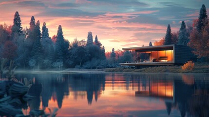 Obraz premium Modern Cabin on a Lake at Sunset.