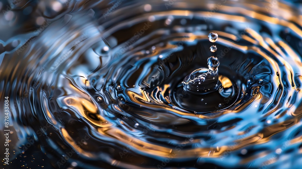 Poster close-up of water droplet causing ripples with reflections of light, creating a dynamic and intrigui