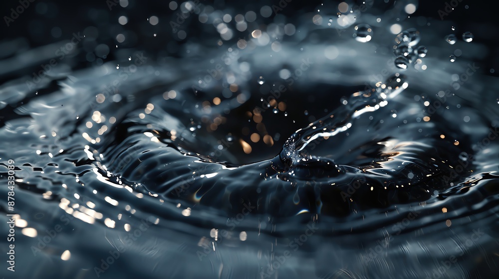 Poster close-up of water droplet creating ripples and splashes in dark liquid with dramatic lighting and bo