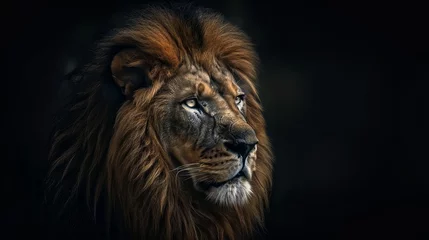Papier peint photo Lion Powerful lion with a brown mane stares intensely against a dark background, embodying strength and pride in its natural habitat. The image captures the wild beauty of this majestic creature  © Viktoriia