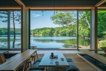 Fototapeta premium Modern Japanese Tea Room with Lake View.