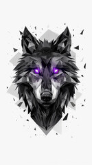 Geometric black wolf with glowing purple eyes in a modern digital illustration.
