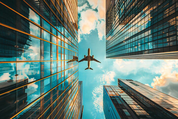 An airplane flies between high-rise glass buildings of a large metropolis