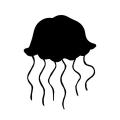 Black silhouette of jellyfish isolated on white background, sea life, design element, vector.