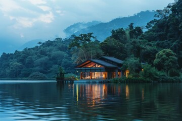 Fototapeta premium Tranquil Lakeside Retreat with a Modern Cabin.