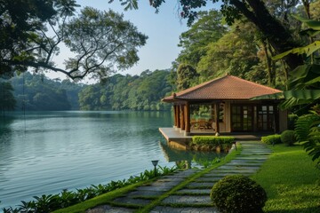 Obraz premium Tranquil Lakeside Gazebo with Lush Greenery.