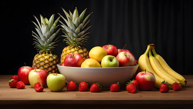 Eine gro&szlig;e Sch&uuml;ssel mit &Auml;pfeln, Bannanen, Annanas und Erdbeeren