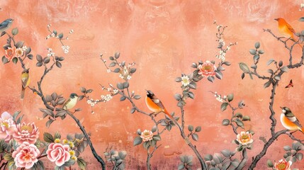 chinoiserie wallpaper, painting, flowers and birds, for printing, de gournay