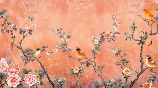 chinoiserie wallpaper, painting, flowers and birds, for printing, de gournay - Powered by Adobe