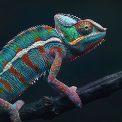 Obraz premium Vibrant close-up of a colorful chameleon against a black background. 