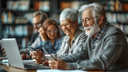 Senior Citizens Using Smartphones and Laptops in Library