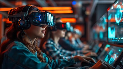 Students Engaged in a Virtual Reality Lesson Using VR Headsets