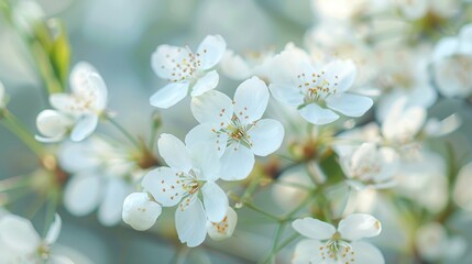 Obraz premium A beautiful close-up shot showcasing delicate white flowers in full bloom, highlighting their intricate petals and natural beauty with a soft focus background.