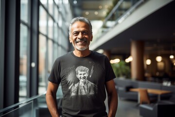 Obraz premium Portrait of a merry indian man in his 60s sporting a vintage band t-shirt on sophisticated corporate office background