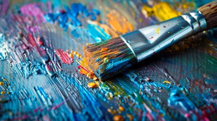 Fototapeta premium A paintbrush on a colorful palette, surrounded by art and office supplies