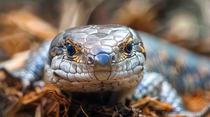 Fototapeta premium Intricate close-up photograph of a lizard, emphasizing the richness in scale patterns and textures while submerged in its natural habitat, making the image highly detailed.