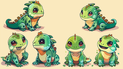 Fototapeta premium 4 sets of iguana kawaii chibi Emoji character sticker emoticon smile emotion mascot illustration