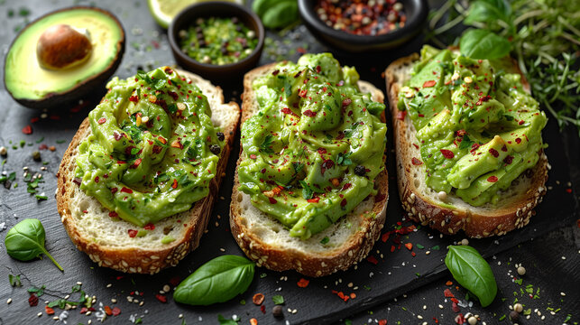 Avocato toasts with pepper and spices. 