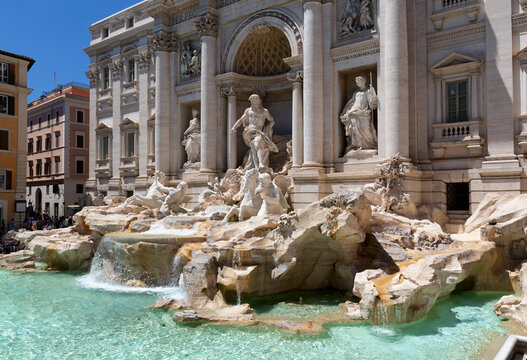 View of Rome Trevi Fountain (Fontana di Trevi) in Rome, Italy. Trevi is most famous fountain of Rome. Architecture and landmark of Rome.