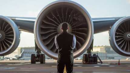 Back view of pilot standing in front of a large airplane engine, emphasizing the scale and engineering marvel of modern aircraft