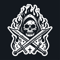 grim reaper with crossed swords and fire flame illustration