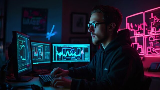 A young man wearing glasses is sitting at a desk in front of three computer monitors. He is typing on a keyboard. The room is dark and lit by the blue and pink glow of the computer screens.