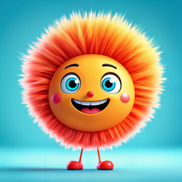 Cartoon character, a large round orange and yellow ball with a face, standing against a blue background.
