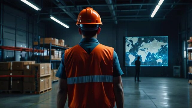 A person wearing a hard hat and safety vest is standing in a warehouse, looking at a world map on a screen.