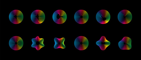 Music equalizers and sound waves. Vector set of radial curves spectrum of radio wave oscillations. Multicolored neon sound wave of audio circles.