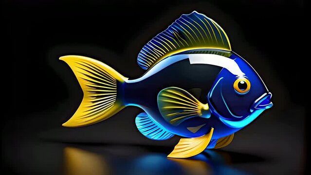 3d glassy a pets fish on black background. cartoon fish
