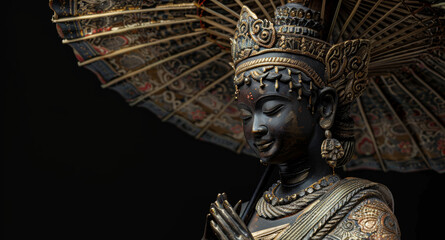 Detailed 3D render of Indonesian female art statue holding umbrella, sculpted from colorful textured stone and adorned with elaborate painted patterns, set against black background.