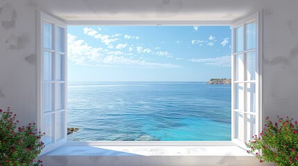 An open window frames a breathtaking ocean view with calm blue waters and clear sky, flanked by blossoming flowers. Perfect for a serene and peaceful scenery lover.