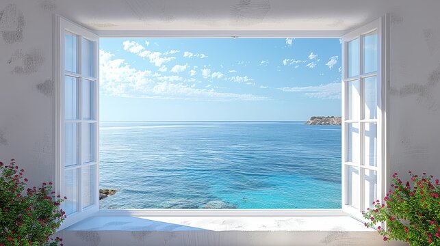 Fototapeta An open window frames a breathtaking ocean view with calm blue waters and clear sky, flanked by blossoming flowers. Perfect for a serene and peaceful scenery lover.