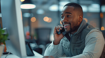 an employee in the office is talking on the phone