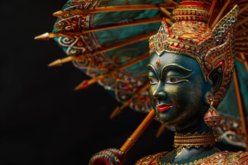 Detailed 3D render of Indonesian female art statue holding umbrella, sculpted from colorful textured stone and adorned with elaborate painted patterns, set against black background.