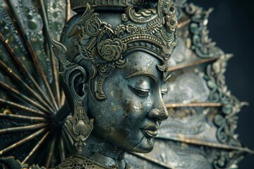 Detailed 3D render of Indonesian female art statue holding umbrella, sculpted from colorful textured stone and adorned with elaborate painted patterns, set against black background.