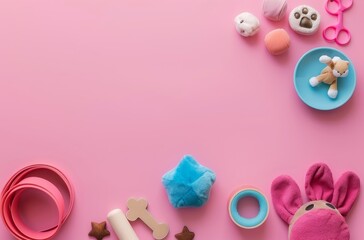 Pet accessories and toys on a pink background with stuffed animals and treats