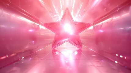 A shiny pink star with a radiant center is positioned in a high-tech, futuristic tunnel bathed in pink light, representing modernity and innovation in design.
