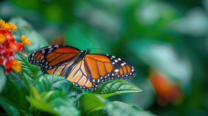 Fototapeta premium A beautiful Monarch Butterfly with orange and black wings is perched on a vibrant green leaf, adjacent to a cluster of small red flowers, depicting nature's elegance.