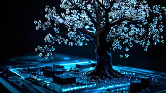 This is a digital video of a tree with a dark blue background. The tree has a black trunk with blue branches and white leaves. It is rooted in a computer circuit board.