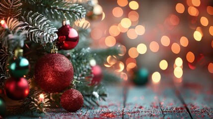 A Christmas tree adorned with red and green ornaments and twinkling lights, set against a backdrop of soft bokeh lights, creating a warm and festive holiday atmosphere.