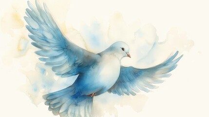Fototapeta premium This watercolor painting depicts a beautiful dove in flight with vibrant blue hues, symbolizing peace and freedom, captured in an artistic and elegant style.