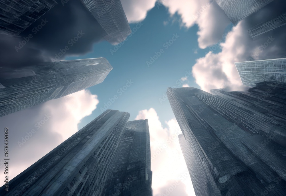 Poster skyscrapers sky view from 3d clouds harsh rendering abstract blue earth map business technology city