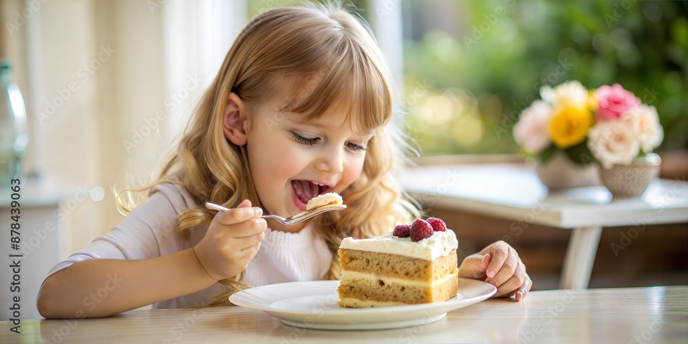 Wall mural cute little child girl eating cake with berries and cream