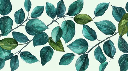 A seamless and aesthetically pleasing botanical pattern featuring green leaves on slender branches, set against a light backdrop, ideal for eco-friendly designs.